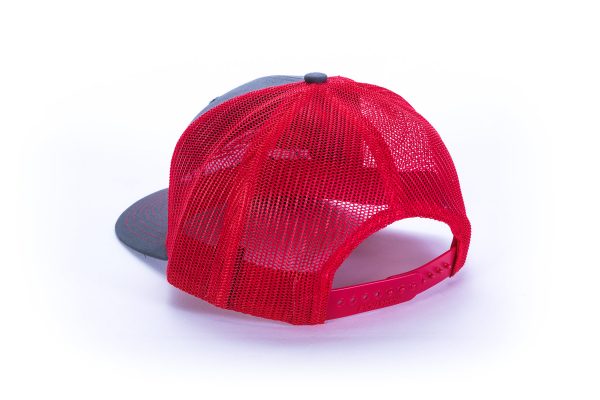 red and grey mesh hat